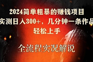 2024简单粗暴的赚钱项目,实测日入300+,几分钟一条作品,轻松上手【揭秘】